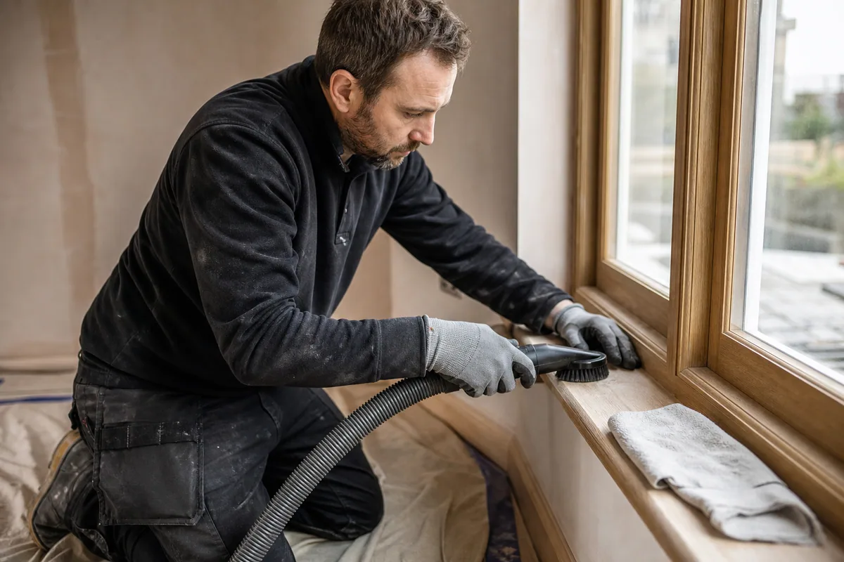 Cleaner removing fine building dust from a new timber window frame