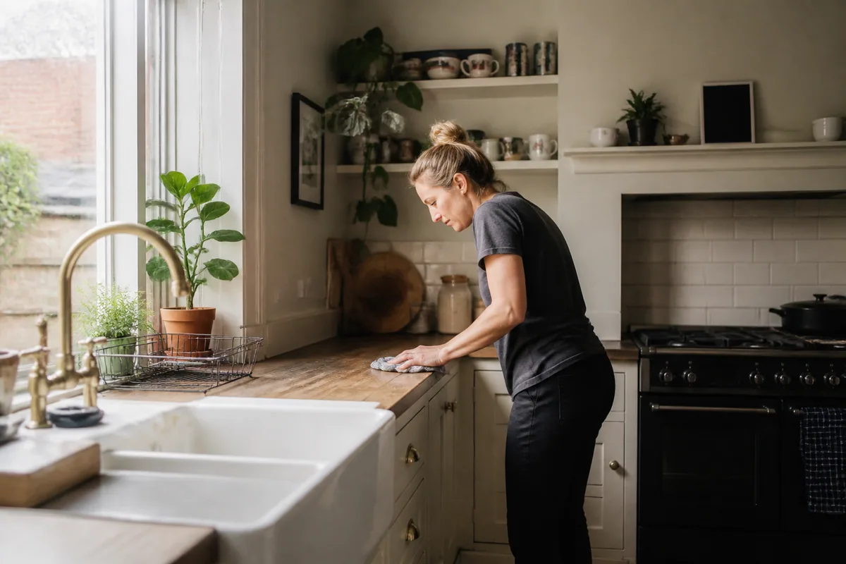 Cleaner wiping a worktop in a characterful York kitchen
