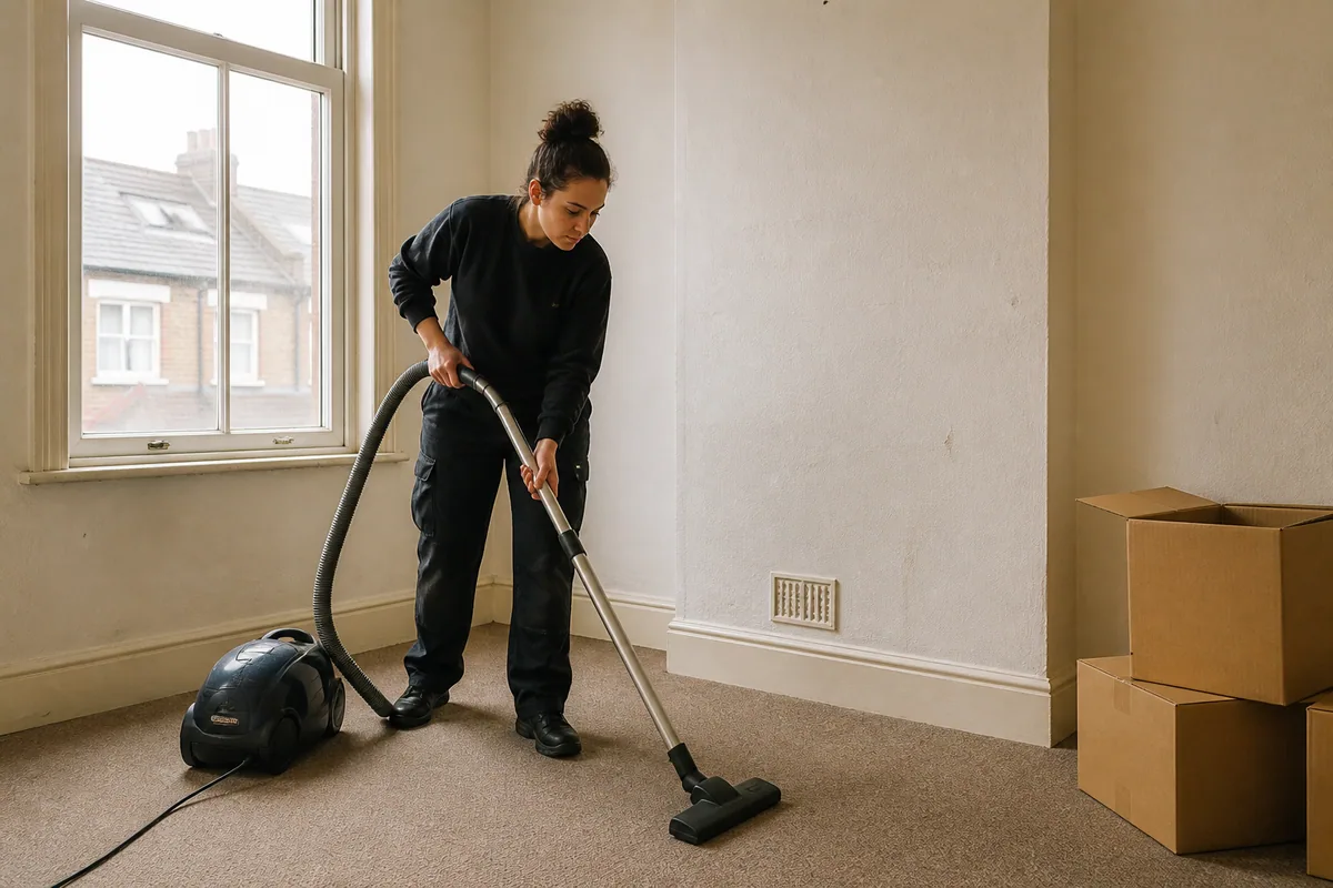 Cleaner vacuuming an empty British rental room beside moving boxes