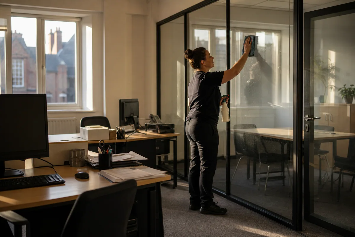 Cleaner wiping a glass partition in a small York office